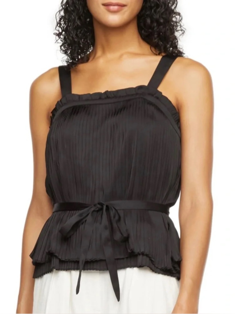 Anthro Ryegrass Square Neck Pleated Satin Tie Tank Top, Black – Medium